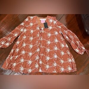 Rust Floral Long-Sleeve Peasant Dress